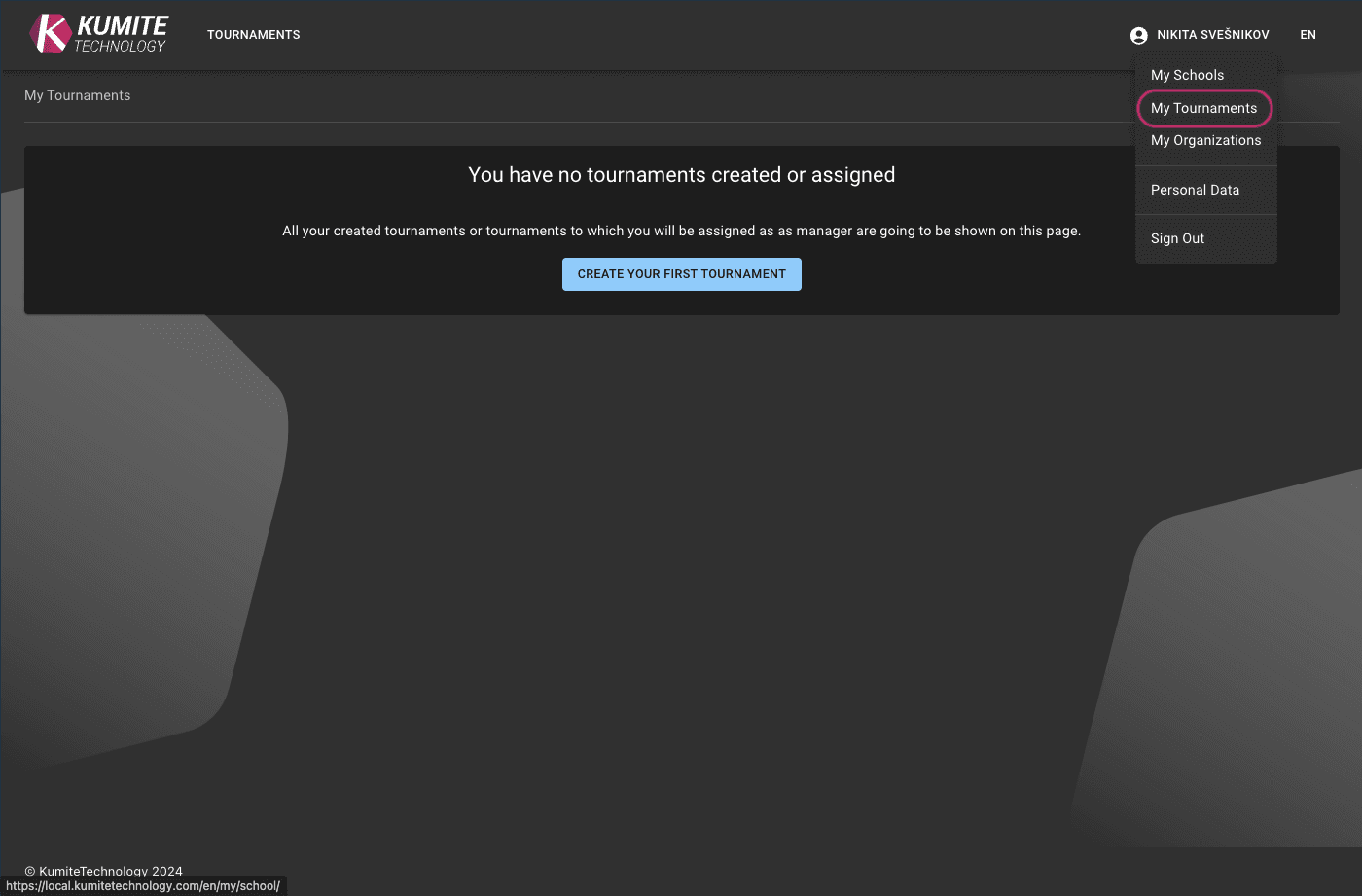 Навигация по странице Мои Турниры