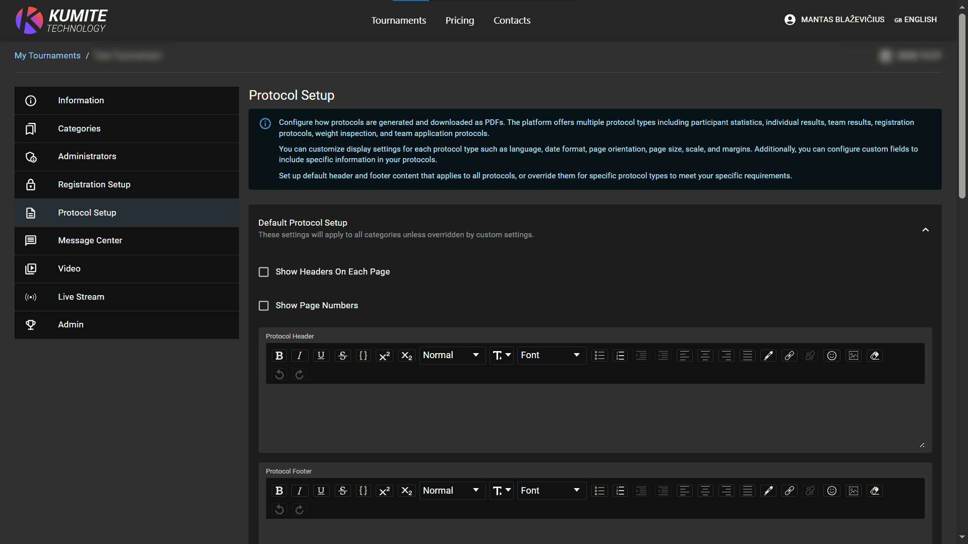Страница Настройки Протокола