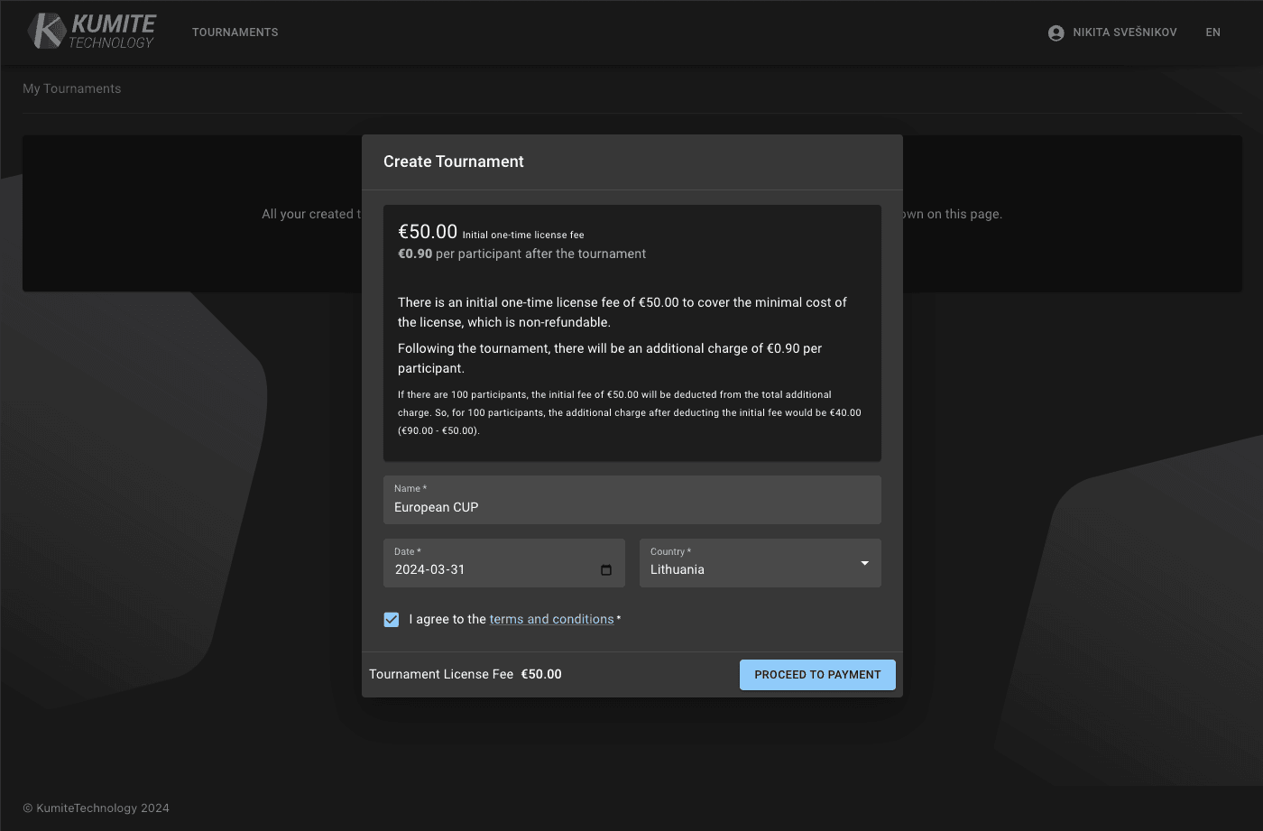 Диалог создания турнира