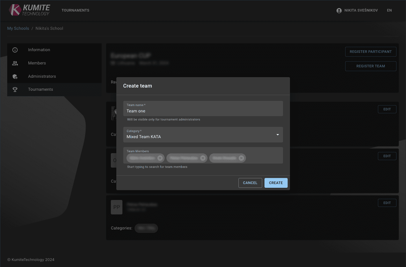 Диалог регистрации команды