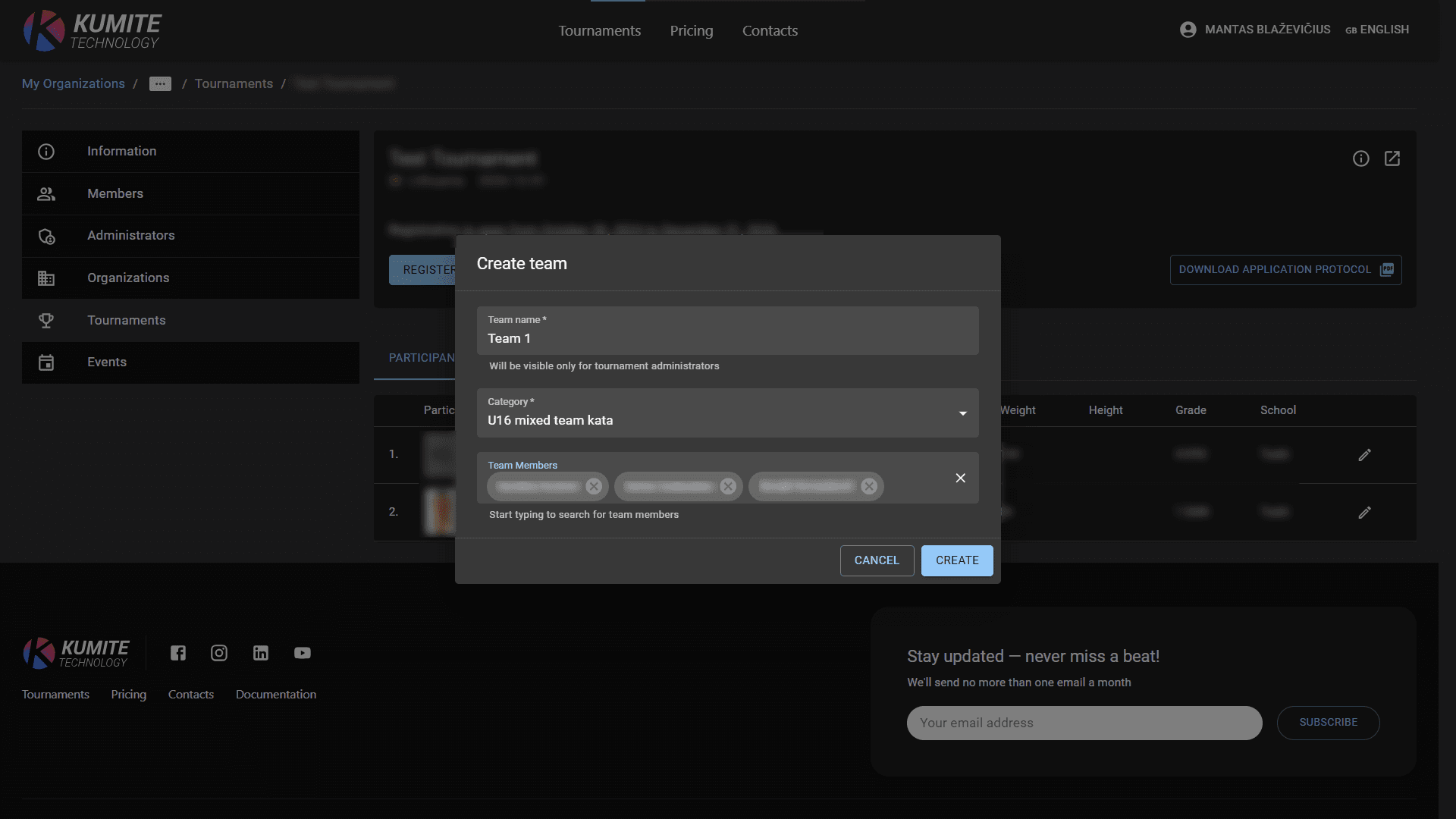 Диалог регистрации команды