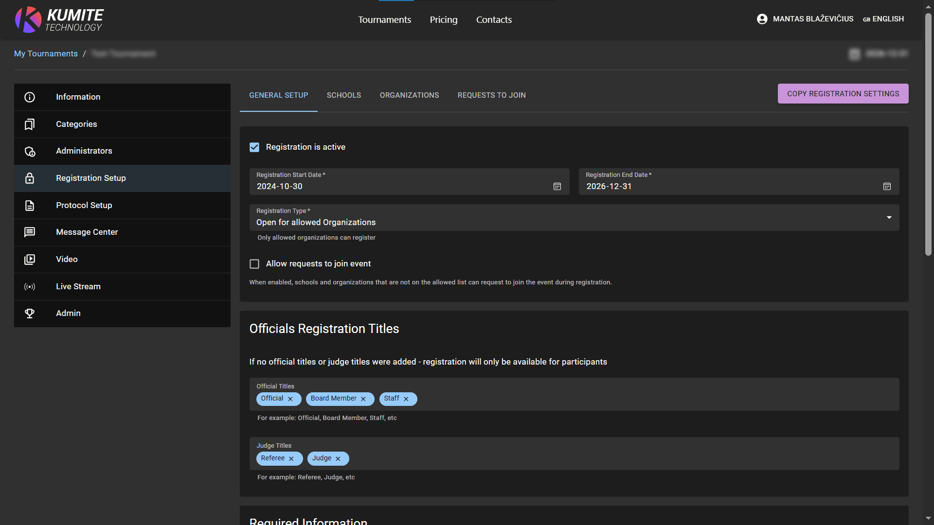 Форма Настройки Регистрации