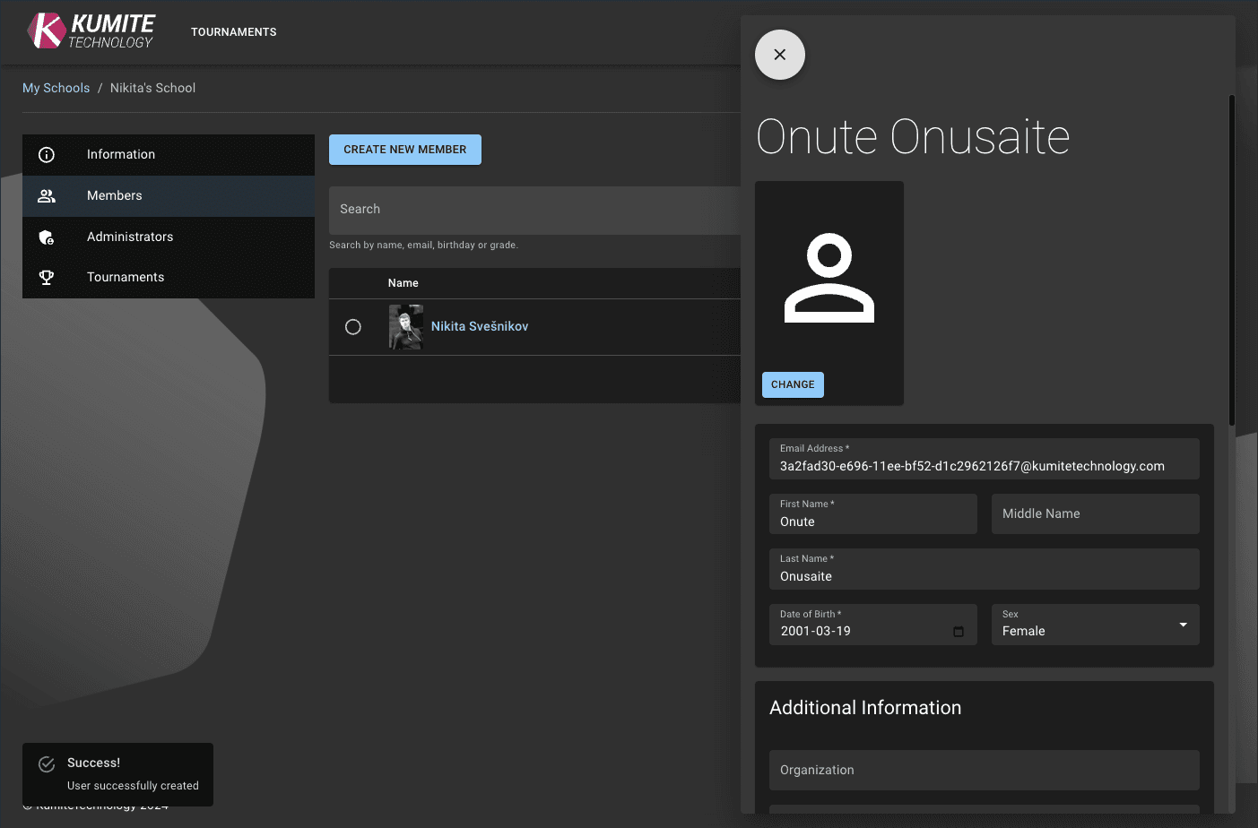 Успешное создание участника